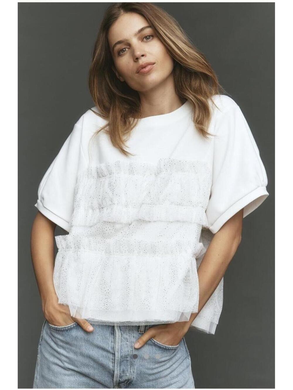 NWOT MAEVE Anthropologie Short Sleeve Smocked Ruffled Sweatshirt sz L